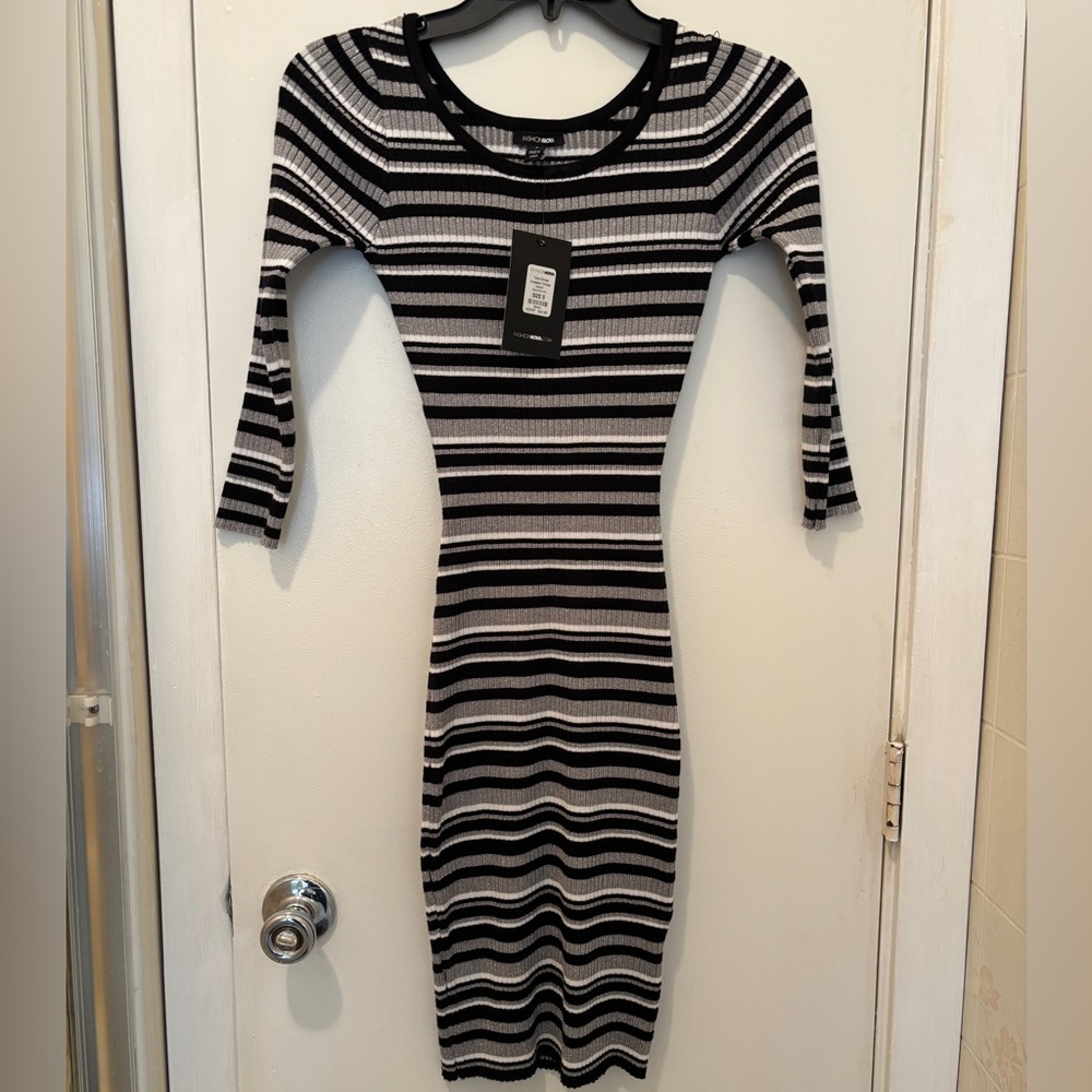 Fashion Nova: Tara Stripe Sweater Dress, Color: Black/White/Metallic, Size: S
